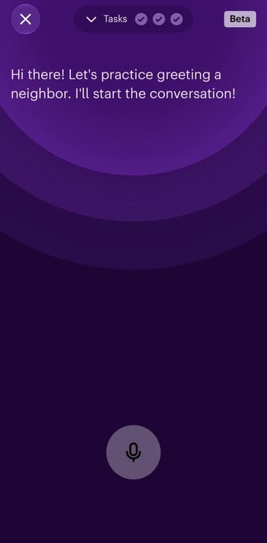 Babbel conversation practice in Beta, a Duolingo alternative scenario about greeting a neighbor