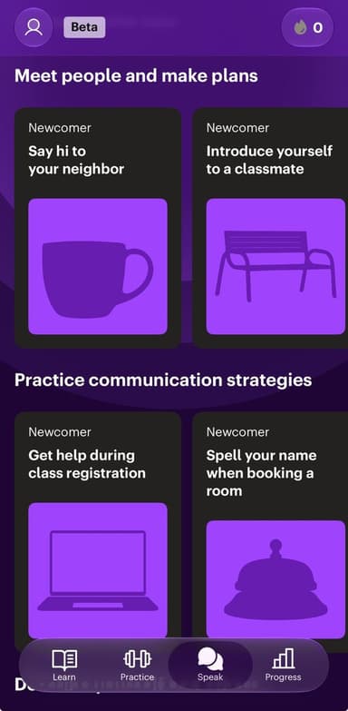 Babbel Speak screen in Beta with conversation scenarios, babbel vs duolingo for speaking