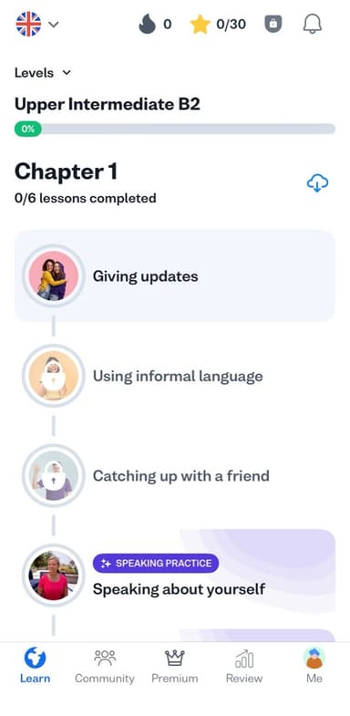 Busuu Upper Intermediate B2 chapter with lessons and a speaking practice lesson, a Duolingo alternative with a structured course