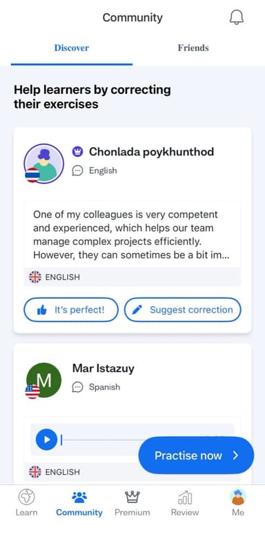 Busuu Community screen where learners correct each other's written and spoken exercises
