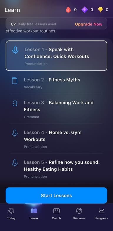 ELSA Speak lesson list with pronunciation, vocabulary and grammar lessons, a Duolingo alternative that works as a course