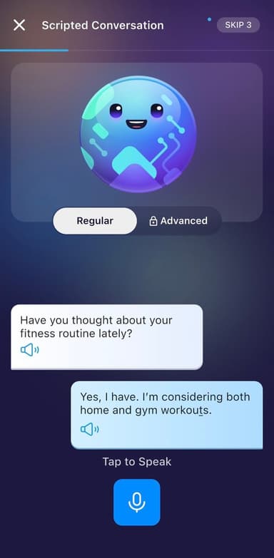 ELSA Speak scripted conversation lesson, a Duolingo alternative where you hear a line and say the reply
