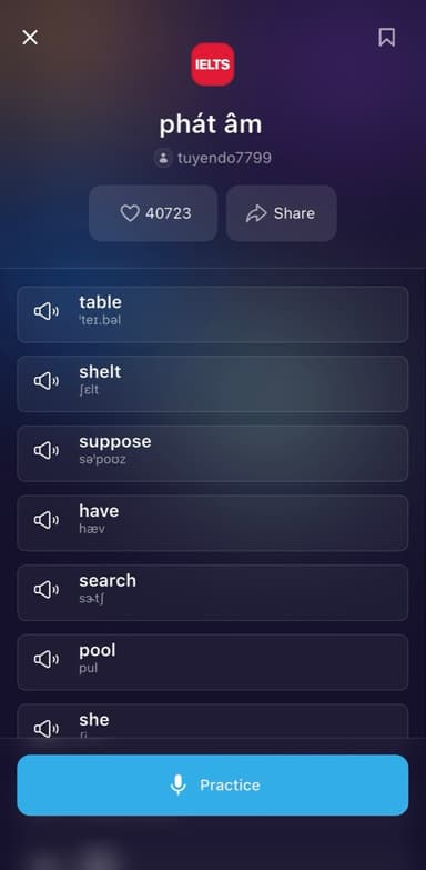 ELSA Speak word list with IPA transcription and a Practice button, language learning app speaking practice