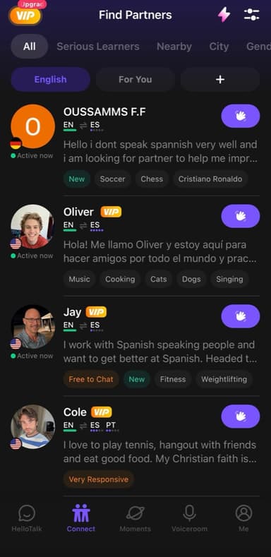 HelloTalk Find Partners list of native speakers learning each other's language, language learning app speaking practice