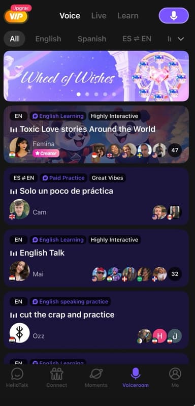 HelloTalk Voiceroom list of open group voice chats by language and topic