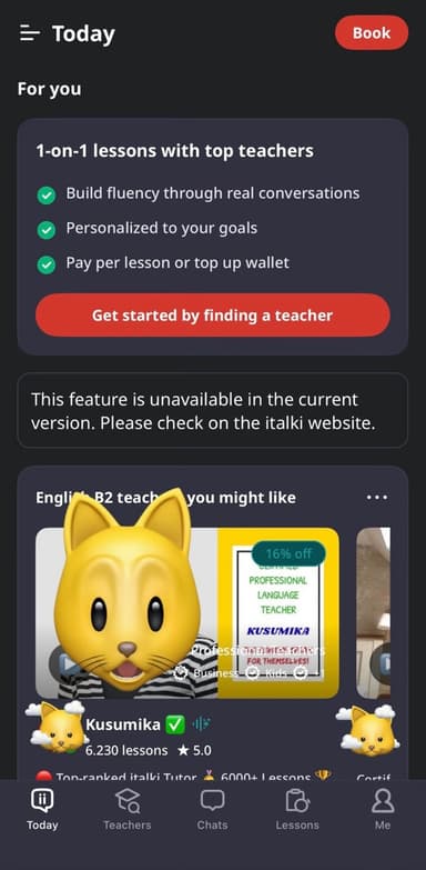 italki home screen offering 1-on-1 lessons paid per lesson or from a wallet