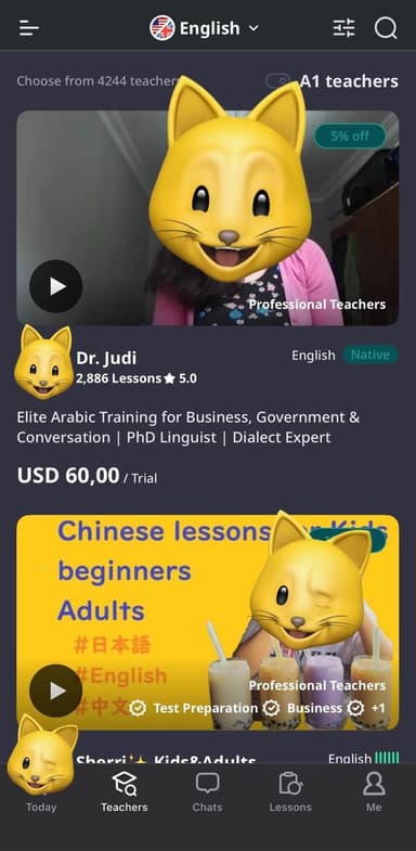 italki tutor list filtered by level, a Duolingo alternative for 1-on-1 speaking lessons with real teachers