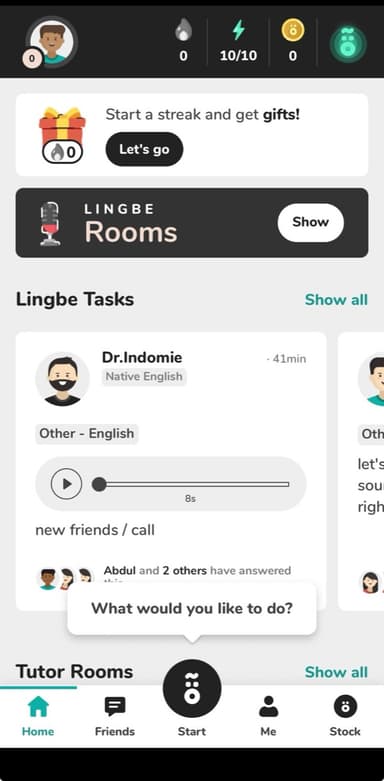 Lingbe home screen with Rooms, voice tasks from native speakers and tutor rooms, a free Duolingo alternative for speaking