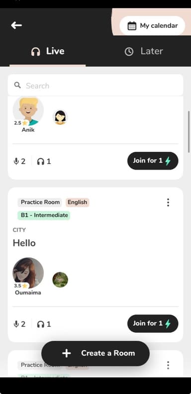 Lingbe list of live English practice rooms marked by level, language learning app speaking practice