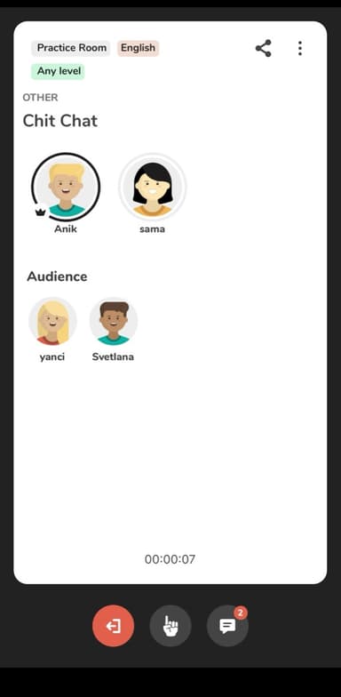 Lingbe English practice room voice call with speakers and audience