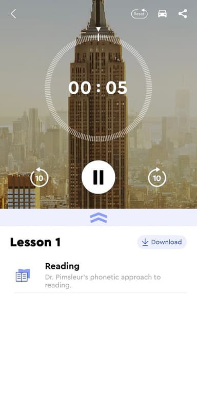 Pimsleur audio lesson player with 10-second skips, an audio-first alternative to Duolingo for speaking
