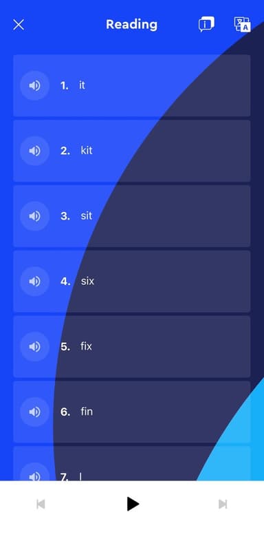 Pimsleur reading exercise with a short list of words to hear and read