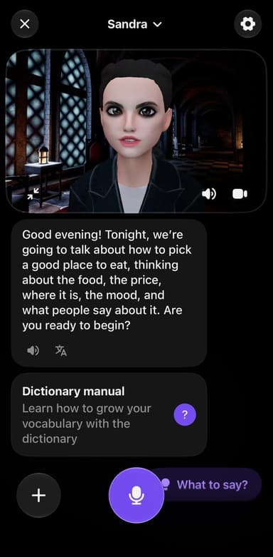 Praktika AI avatar tutor opening a voice conversation, a Duolingo alternative for speaking practice
