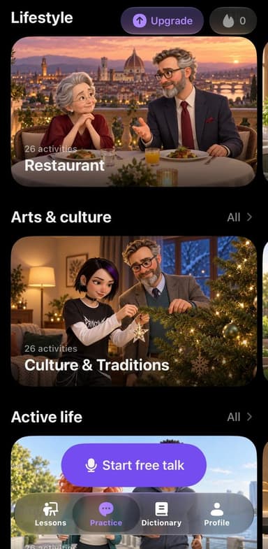 Praktika practice screen with conversation topics, a Duolingo alternative with AI speaking practice