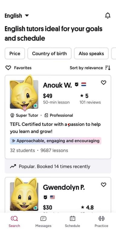Preply tutor list with prices per 50-minute lesson, a Duolingo alternative for 1-on-1 speaking lessons