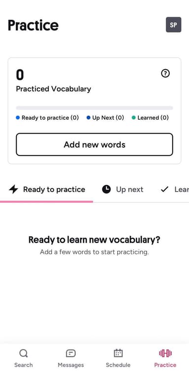 Preply Practice screen for vocabulary between lessons, part of a Duolingo alternative built on tutors
