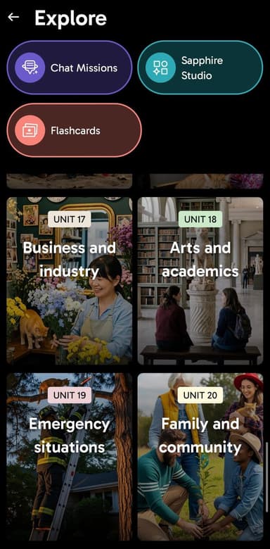 Rosetta Stone Sapphire Explore screen with Chat Missions, Flashcards and themed units, an app similar to Duolingo