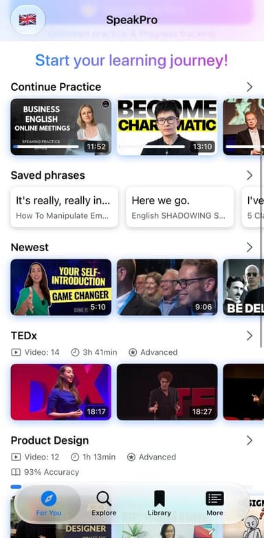 Speak Pro home screen with real YouTube videos grouped by topic, a Duolingo alternative built on real speech