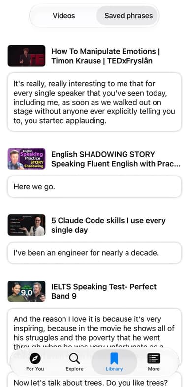 Speak Pro library with saved phrases from real videos, shadowing app language learning