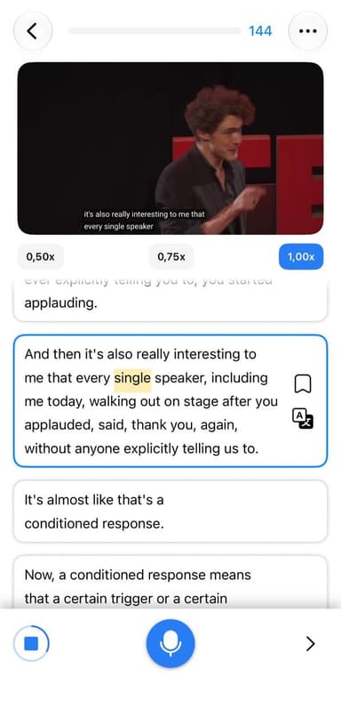 Speak Pro, a Duolingo alternative built on real speech, shadowing a TED talk sentence by sentence with 0.5x to 1x speed controls
