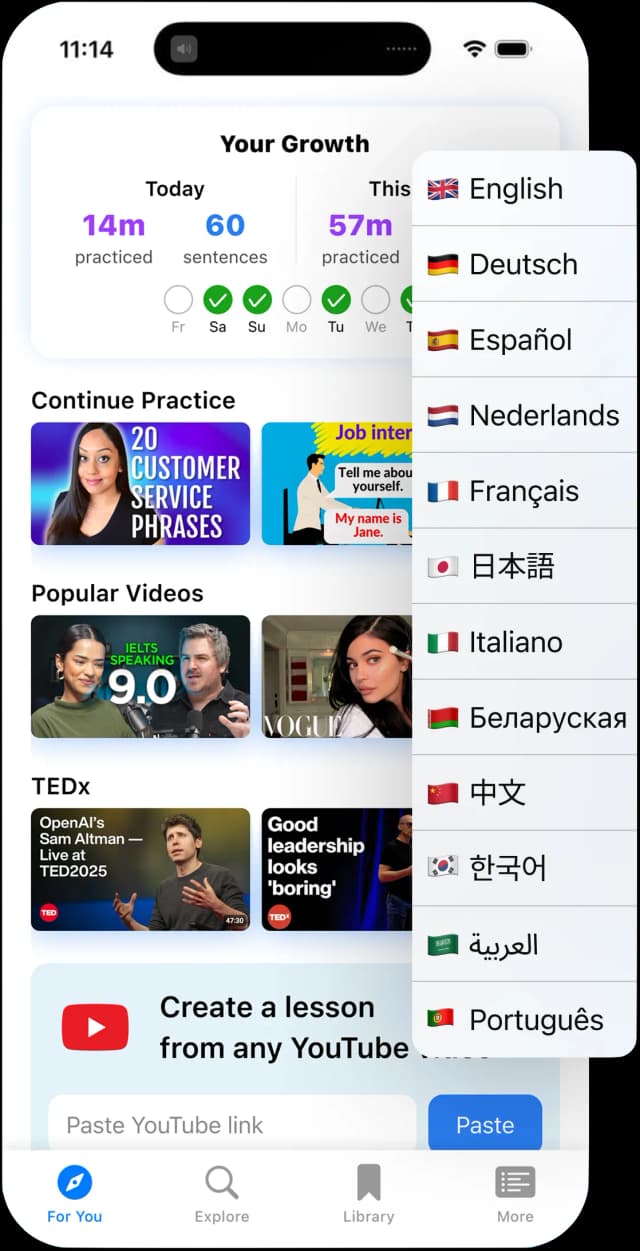 Speak Pro app home screen with daily practice stats and curated YouTube videos for shadowing lessons, showing the shadowing techniques pronunciation fluency improvement workflow