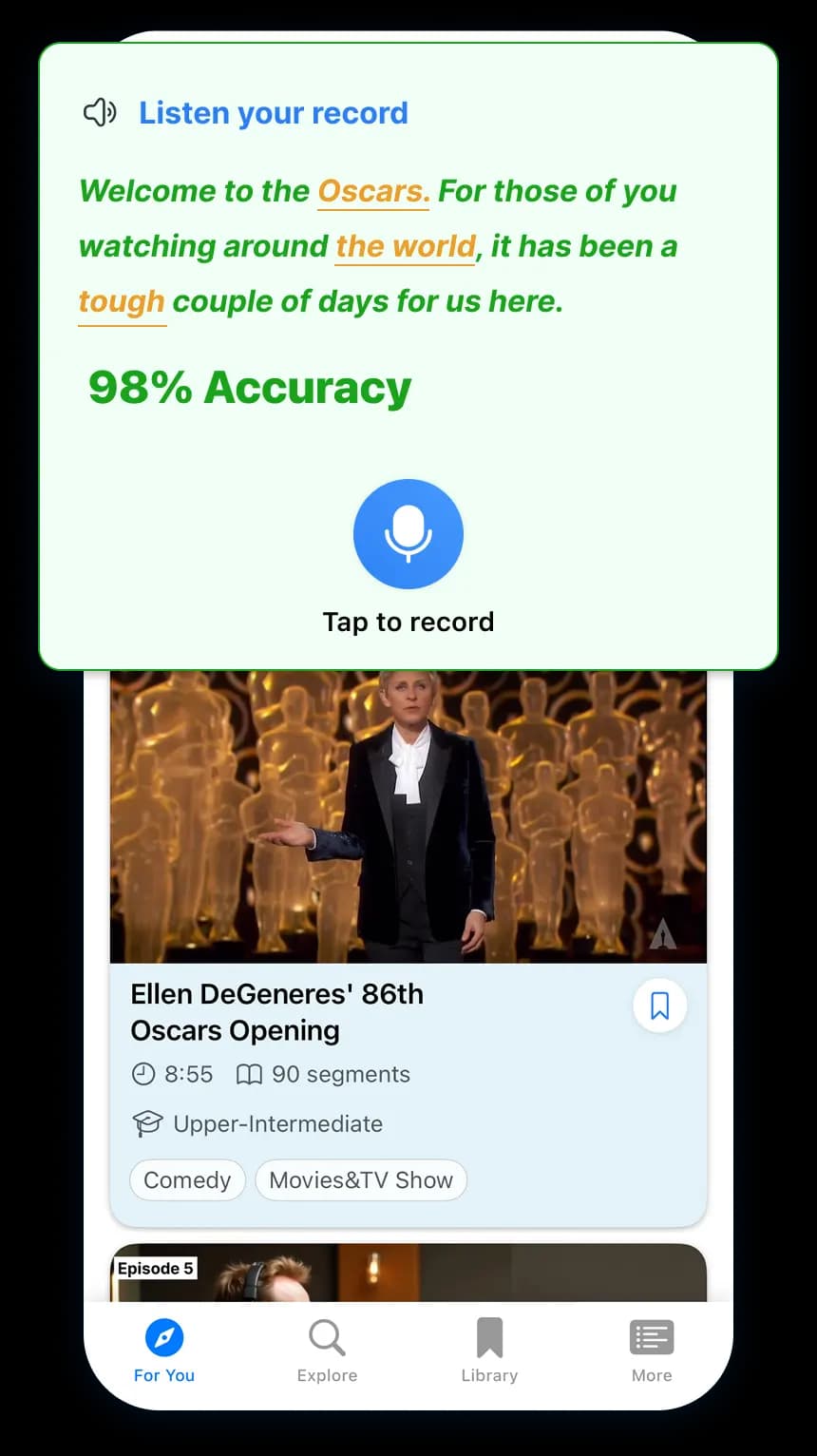 Aplicación Speak Pro con retroalimentación de IA y análisis de pronunciación