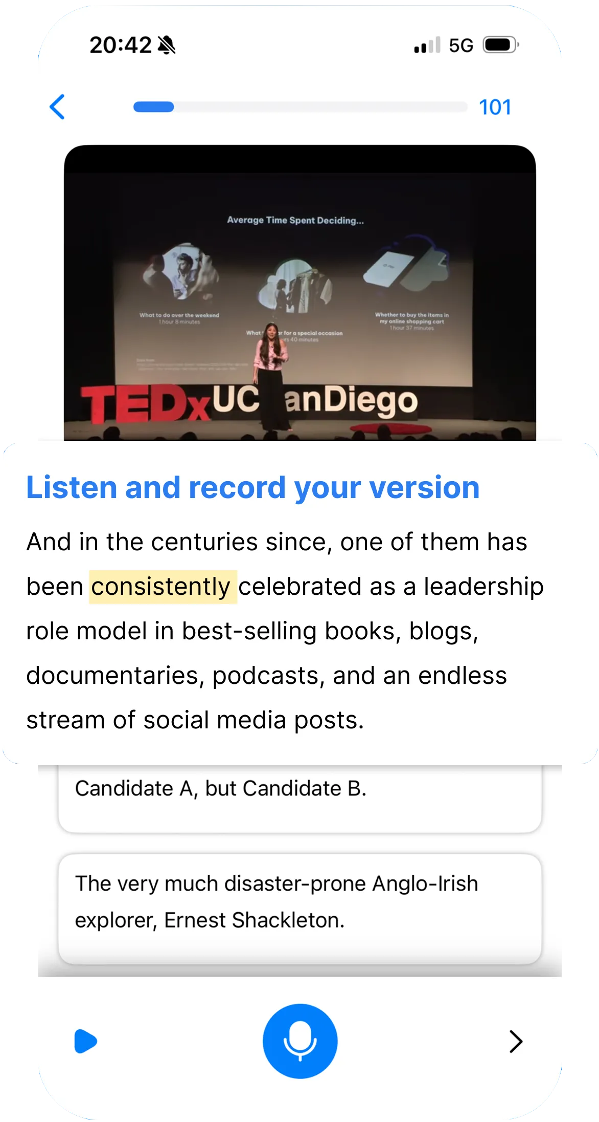 Aplicación Speak Pro mostrando progreso y estadísticas de aprendizaje de idiomas