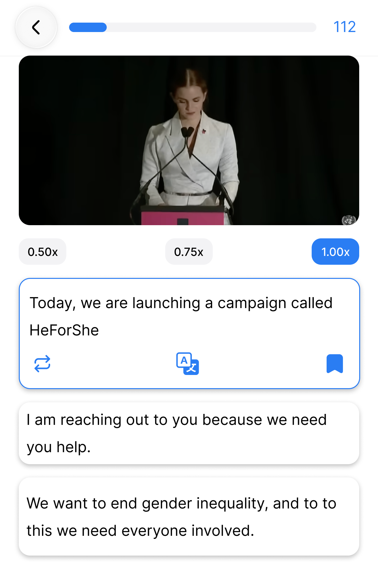 Aplikacja Speak Pro dzieli przemówienie Emmy Watson HeForShe na karty zdaniowe z prędkością odtwarzania 0,5x, 0,75x i 1x do ćwiczenia shadowingu