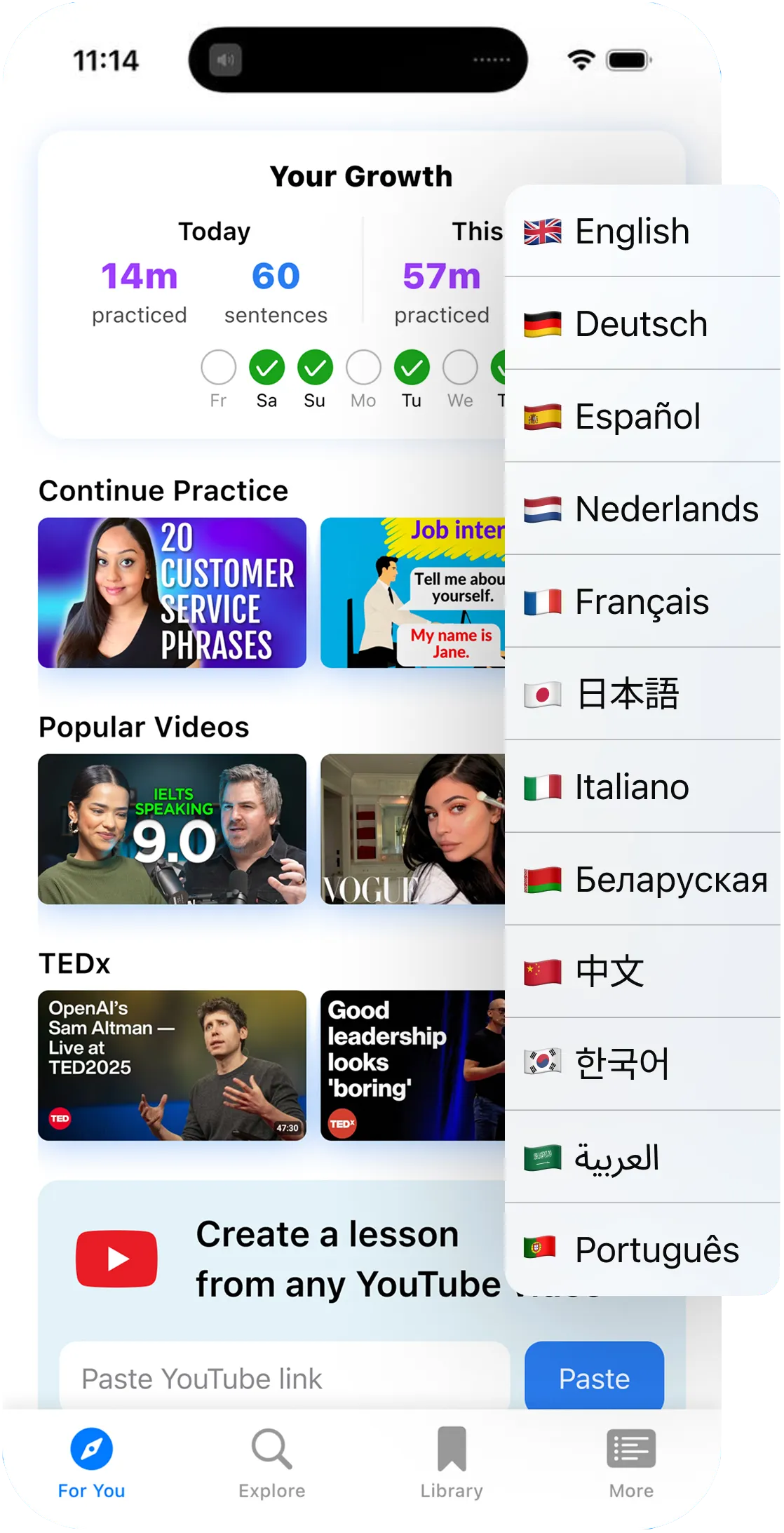 Speak Pro app home screen showing daily practice stats and a field to create a german shadowing practice lesson from any YouTube link