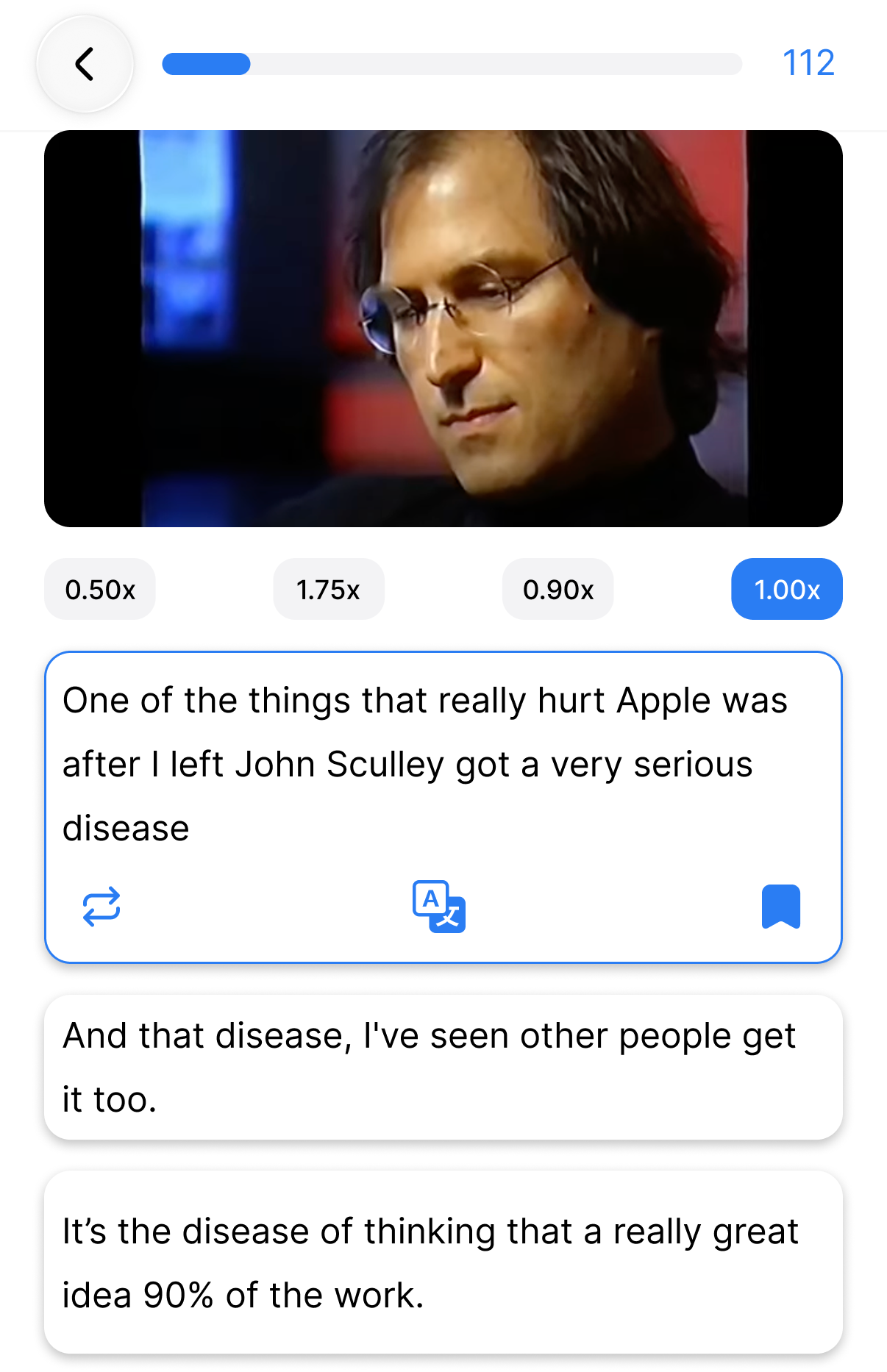 Speak Pro app screen showing audio split into sentence cards with playback speed controls from 0.5x to 1.75x for german shadowing practice