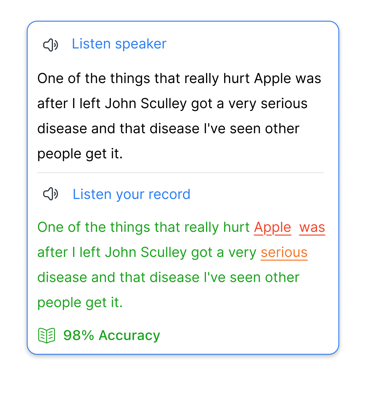 Speak Pro app comparing your recording to the native speaker word by word with a 98% pronunciation accuracy score